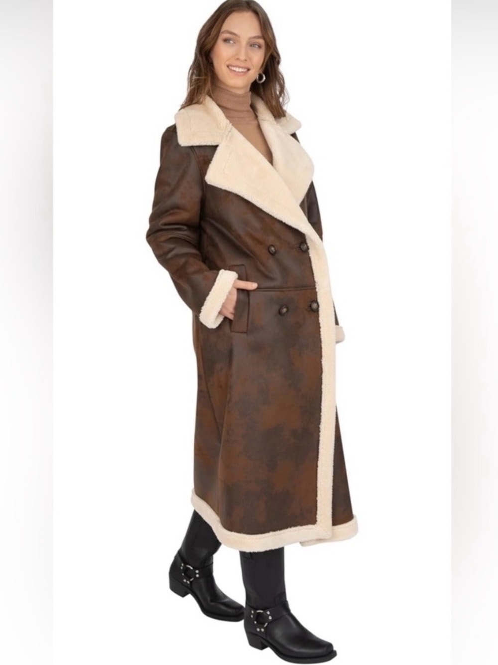 Frye Brown and Cream Shearling Trench Coat NWOT